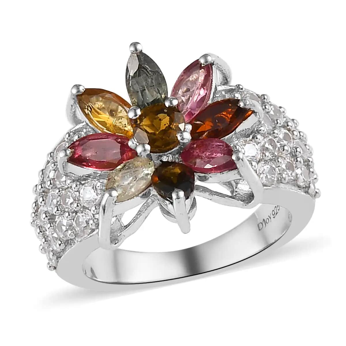 Multi-Tourmaline and Natural White Zircon Floral Ring in Platinum Over Sterling Silver 3.50 ctw image number 0
