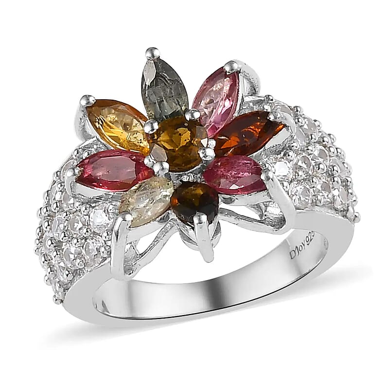 Multi-Tourmaline Floral Ring, White Zircon Accent Ring, Platinum Over Sterling Silver Ring, Multi Tourmaline Ring 3.65 ctw (Size 10)