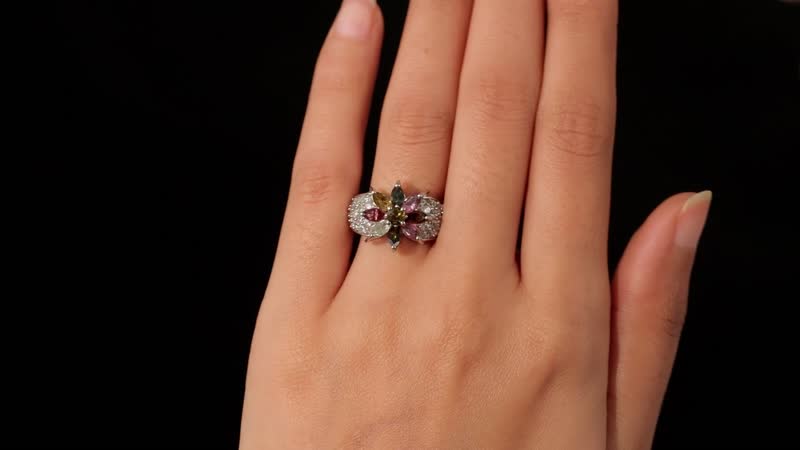 Multi-Tourmaline and Natural White Zircon Floral Ring in Platinum Over Sterling Silver 3.50 ctw