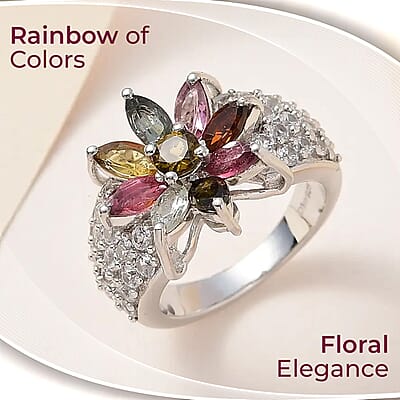 Multi-Tourmaline Floral Ring, White Zircon Accent Ring, Platinum Over Sterling Silver Ring, Multi Tourmaline Ring 3.65 ctw (Size 10)