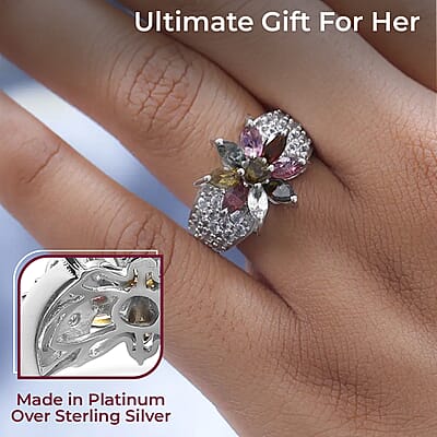 Multi-Tourmaline Floral Ring, White Zircon Accent Ring, Platinum Over Sterling Silver Ring, Multi Tourmaline Ring 3.65 ctw (Size 10)