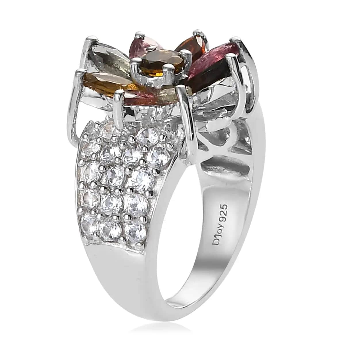 Multi-Tourmaline and Natural White Zircon Floral Ring in Platinum Over Sterling Silver 3.50 ctw image number 3