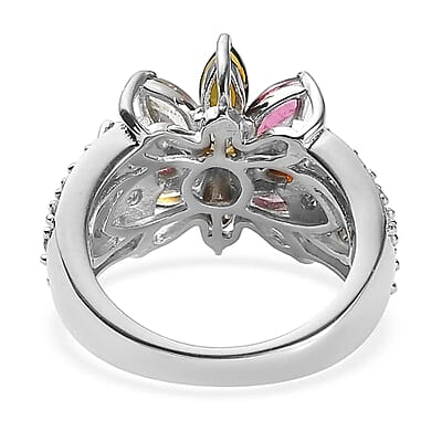 Multi-Tourmaline Floral Ring, White Zircon Accent Ring, Platinum Over Sterling Silver Ring, Multi Tourmaline Ring 3.65 ctw (Size 10)