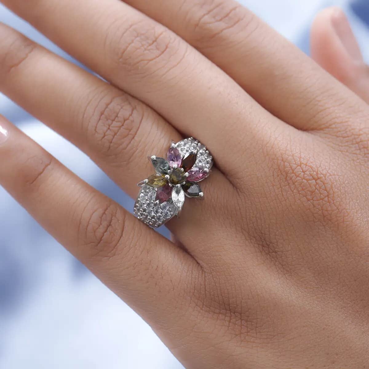 Multi-Tourmaline and Natural White Zircon Floral Ring in Platinum Over Sterling Silver 3.50 ctw image number 5