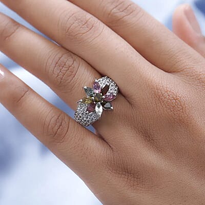 Multi-Tourmaline Floral Ring, White Zircon Accent Ring, Platinum Over Sterling Silver Ring, Multi Tourmaline Ring 3.65 ctw (Size 10)