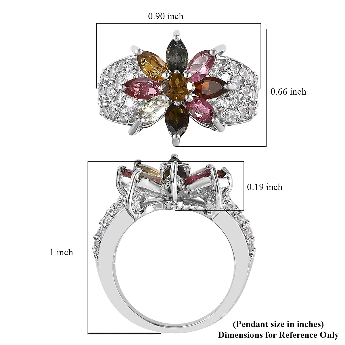 Multi-Tourmaline Floral Ring, White Zircon Accent Ring, Platinum Over Sterling Silver Ring, Multi Tourmaline Ring 3.65 ctw (Size 10)