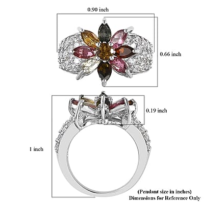 Multi-Tourmaline Floral Ring, White Zircon Accent Ring, Platinum Over Sterling Silver Ring, Multi Tourmaline Ring 3.65 ctw (Size 10)