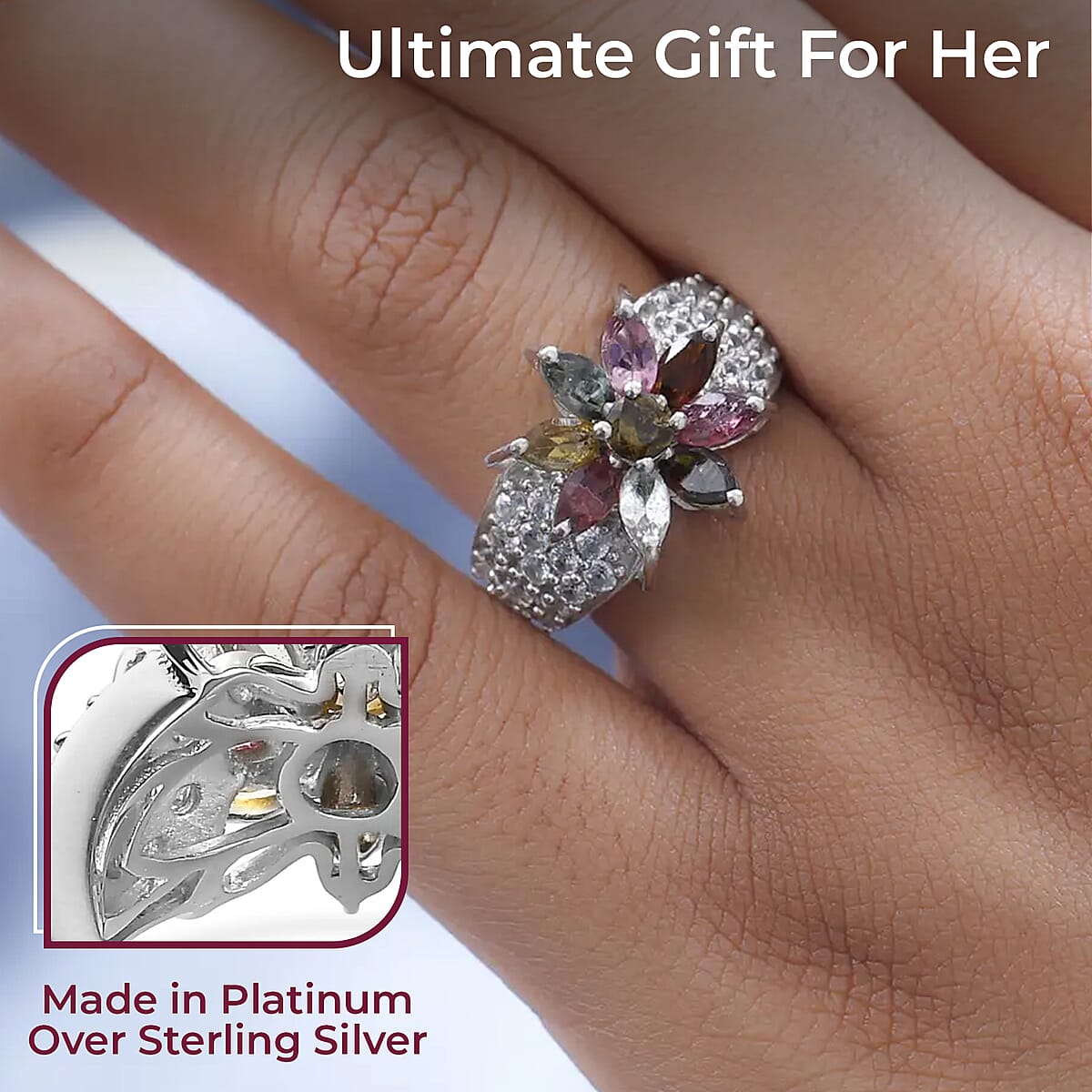Multi-Tourmaline Floral Ring, White Zircon Accent Ring, Platinum Over Sterling Silver Ring, Multi Tourmaline Ring 3.65 ctw (Size 7) image number 2