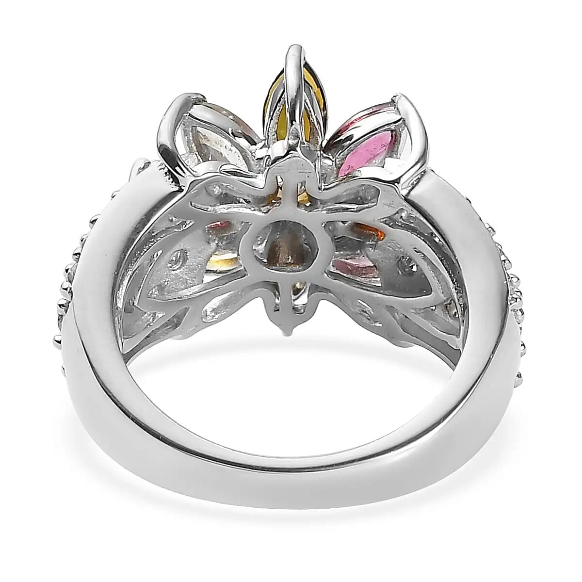 Multi-Tourmaline Floral Ring, White Zircon Accent Ring, Platinum Over Sterling Silver Ring, Multi Tourmaline Ring 3.65 ctw (Size 7) image number 4