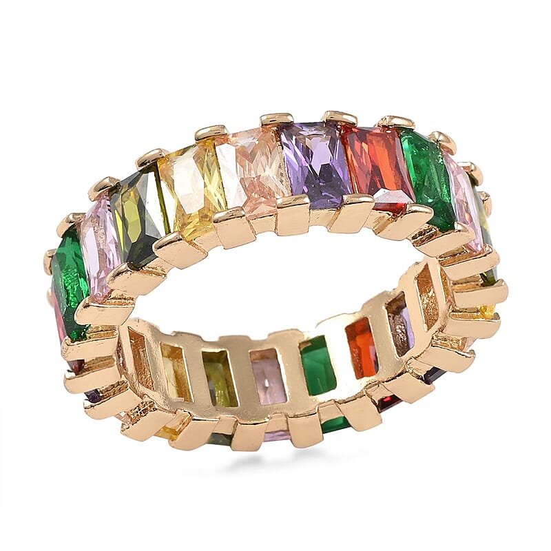 Multi Color Simulated Diamond Eternity Band Ring in Goldtone (Size 6.0) 10.50 ctw