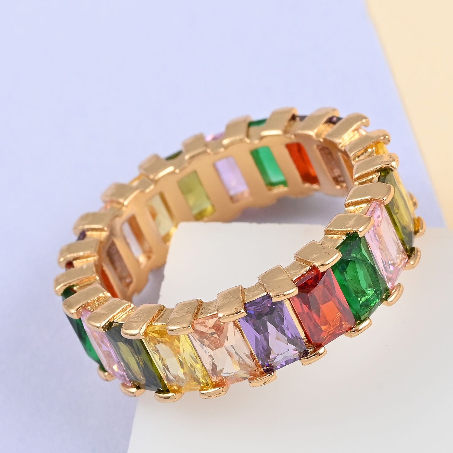 Multi Color Simulated Diamond Eternity Band Ring in Goldtone (Size 6.0) 10.50 ctw