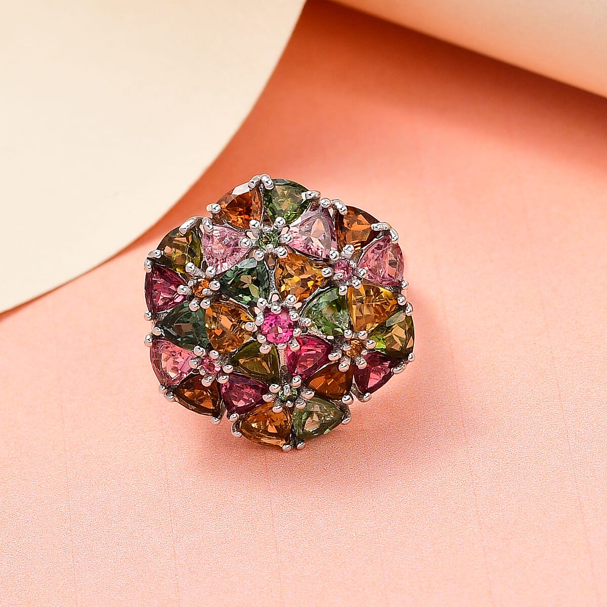 Multi-Tourmaline Cluster Ring in 14K Yellow Gold and Platinum Over Sterling Silver (Size 7.0) 5.15 ctw image number 1