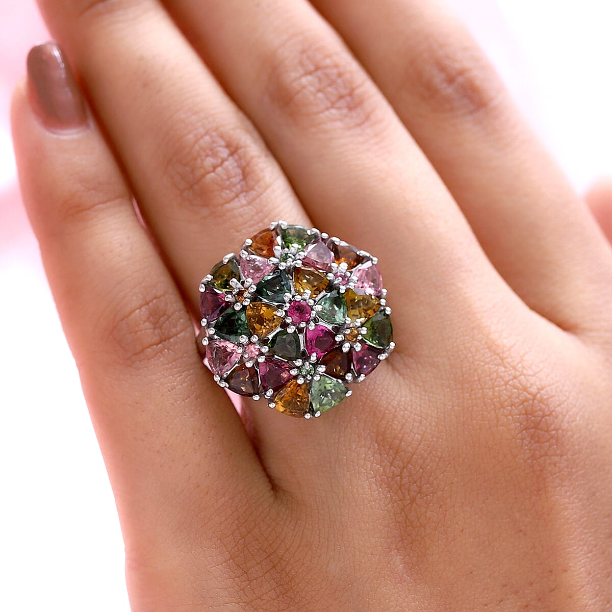Multi-Tourmaline Cluster Ring in 14K Yellow Gold and Platinum Over Sterling Silver (Size 7.0) 5.15 ctw image number 2