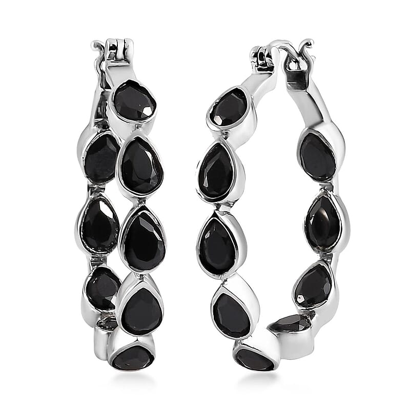 Thai Black Spinel Inside Out Hoop Earrings in Stainless Steel 9.60 ctw