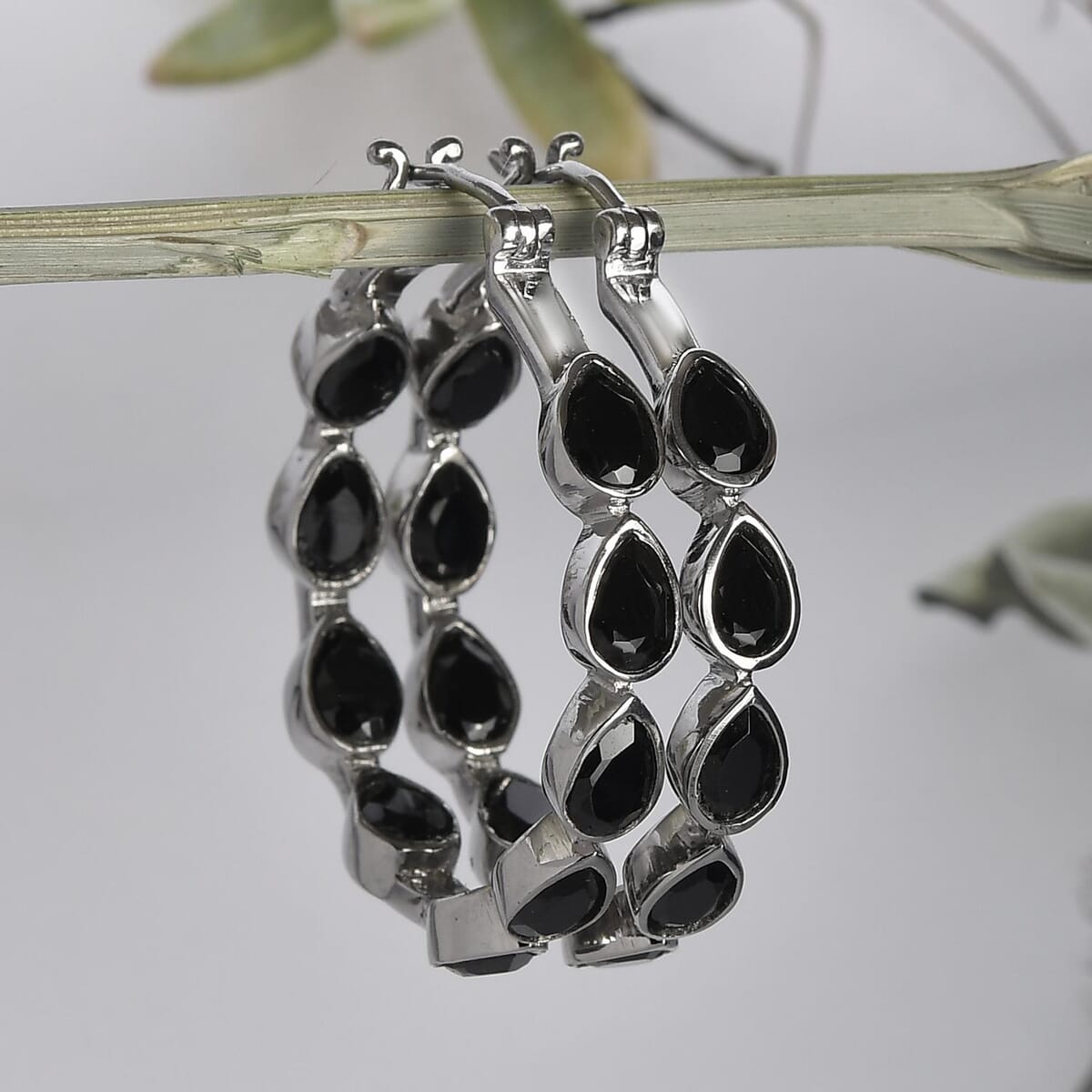 Thai Black Spinel Inside Out Hoop Earrings in Stainless Steel 9.60 ctw image number 1