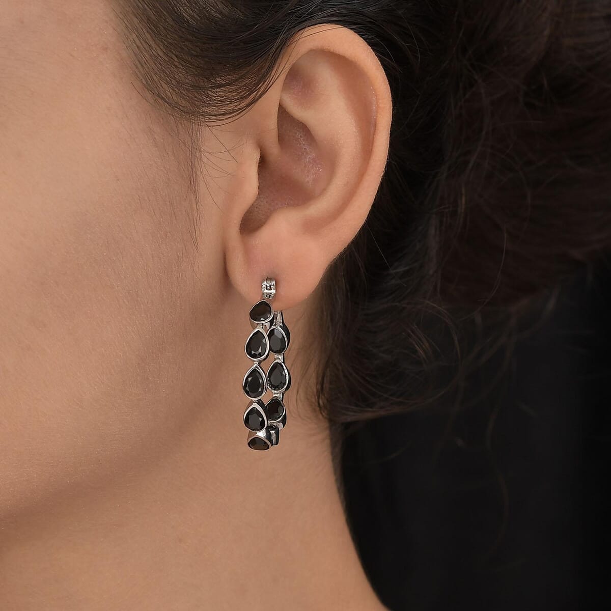 Thai Black Spinel Inside Out Hoop Earrings in Stainless Steel 9.60 ctw image number 2
