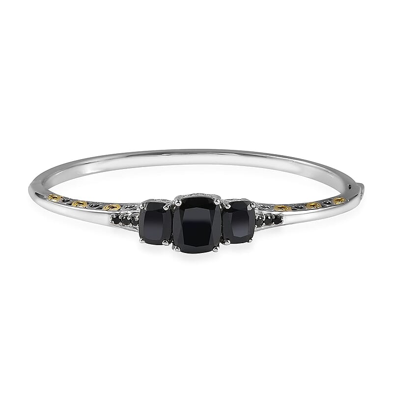 Karis Thai Black Spinel Bangle Bracelet in 18K YG Plated and Platinum Bond (6.50 In) 13.00 ctw
