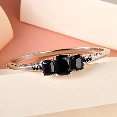 Karis Thai Black Spinel Bangle Bracelet in 18K YG Plated and Platinum Bond (6.50 In) 13.00 ctw