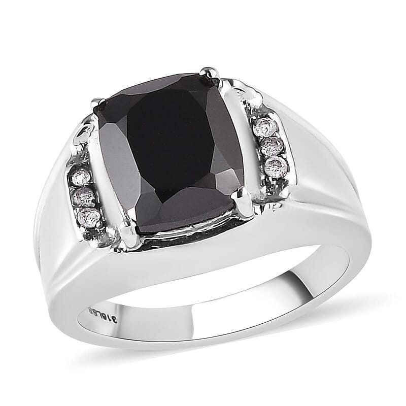 Thai Black Spinel and Natural White Zircon Men's Ring in Stainless Steel (Size 10.0) 5.40 ctw