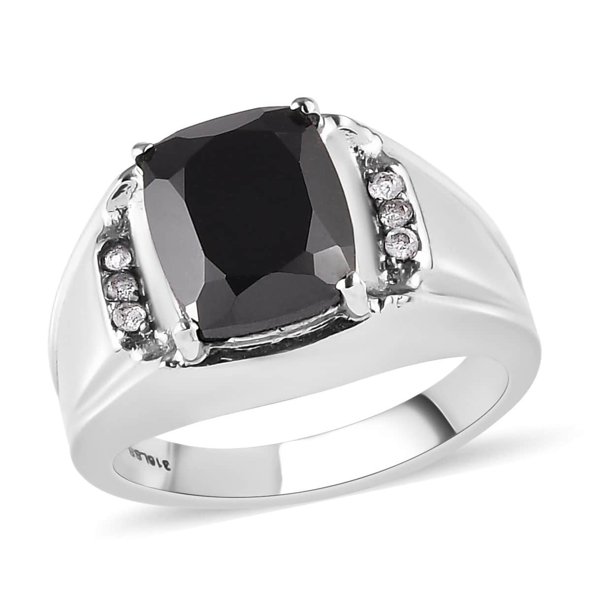 Natural Thai Black Spinel, Natural White Zircon Men's Ring in Stainless Steel (Size 10.0) 5.40 ctw image number 0