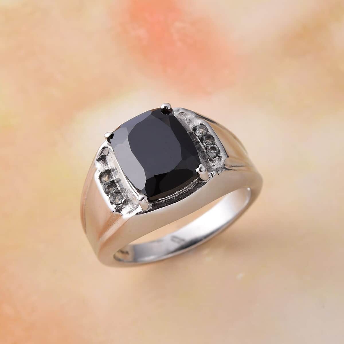 Natural Thai Black Spinel, Natural White Zircon Men's Ring in Stainless Steel (Size 10.0) 5.40 ctw image number 1