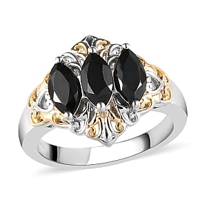 Karis Thai Black Spinel 3 Stone Ring in 18K Yellow Gold Plated and Platinum Bond (Size 7.0) 1.50 ctw