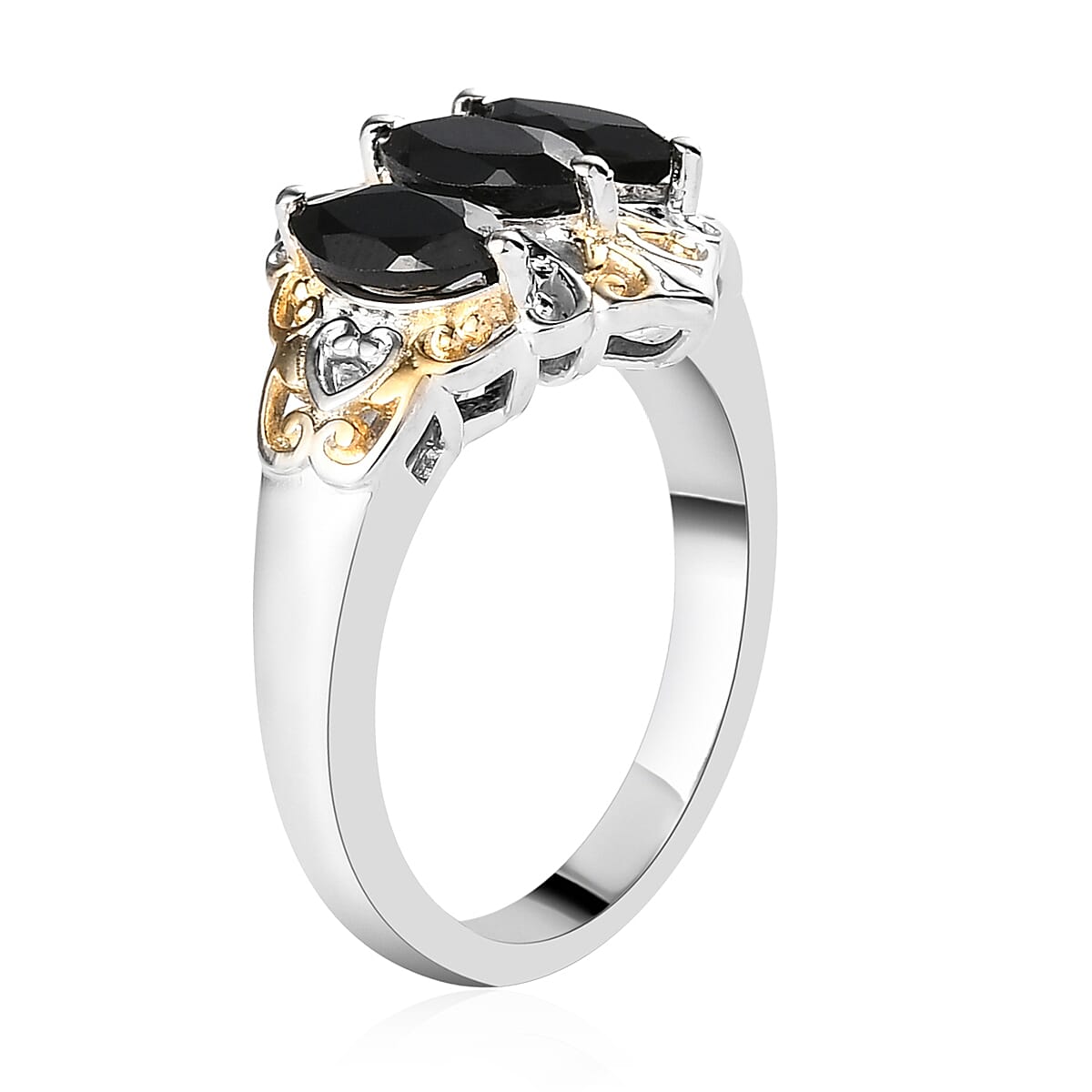 Karis Thai Black Spinel 3 Stone Ring in 18K Yellow Gold Plated and Platinum Bond (Size 7.0) 1.50 ctw image number 3