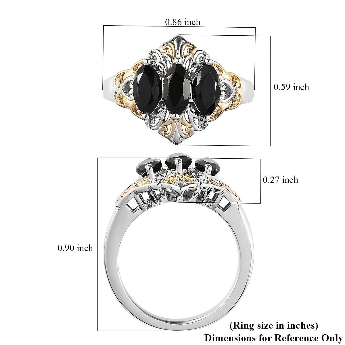 Karis Thai Black Spinel 3 Stone Ring in 18K Yellow Gold Plated and Platinum Bond (Size 7.0) 1.50 ctw image number 5
