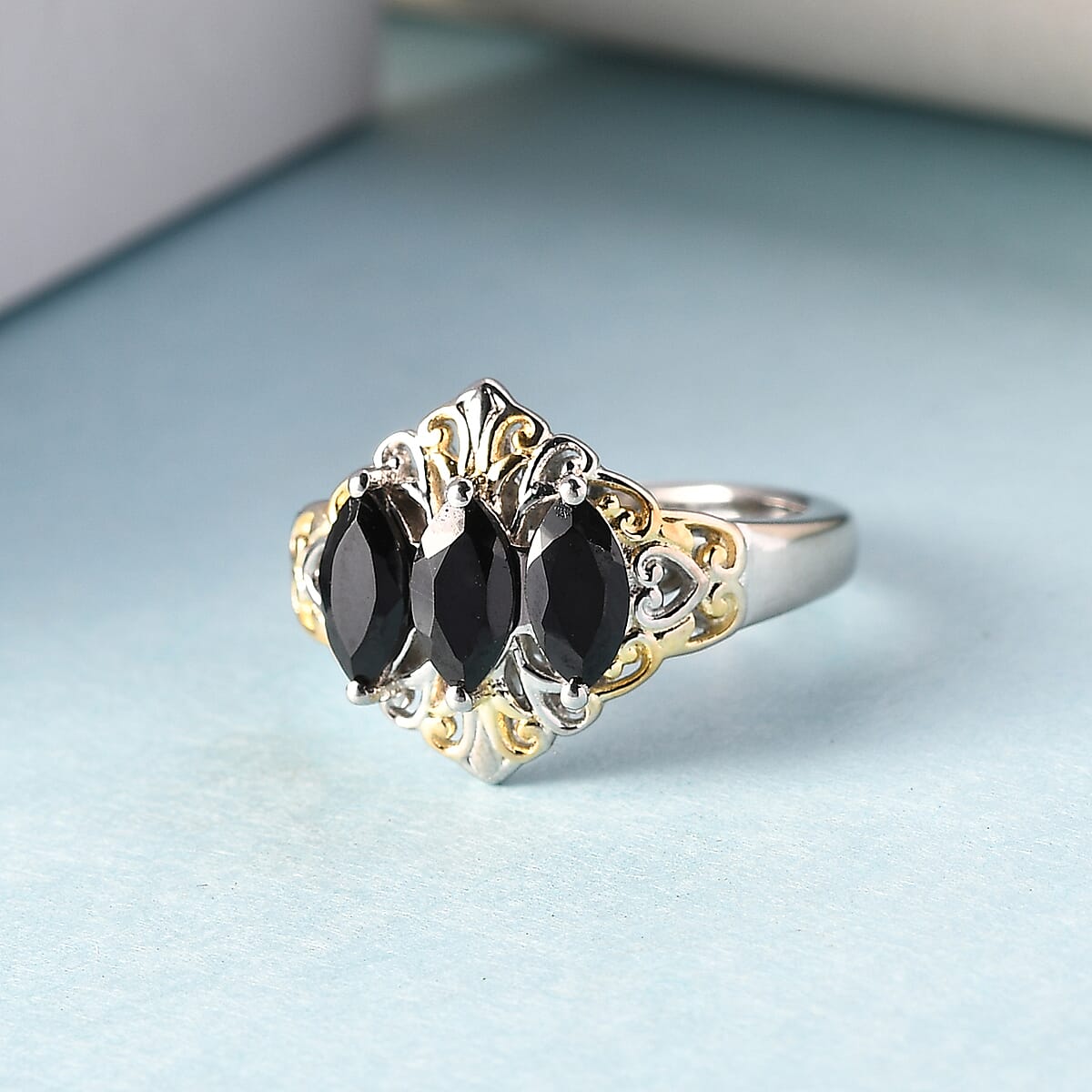 Karis Thai Black Spinel 3 Stone Ring in 18K Yellow Gold Plated and Platinum Bond (Size 8.0) 1.50 ctw image number 1