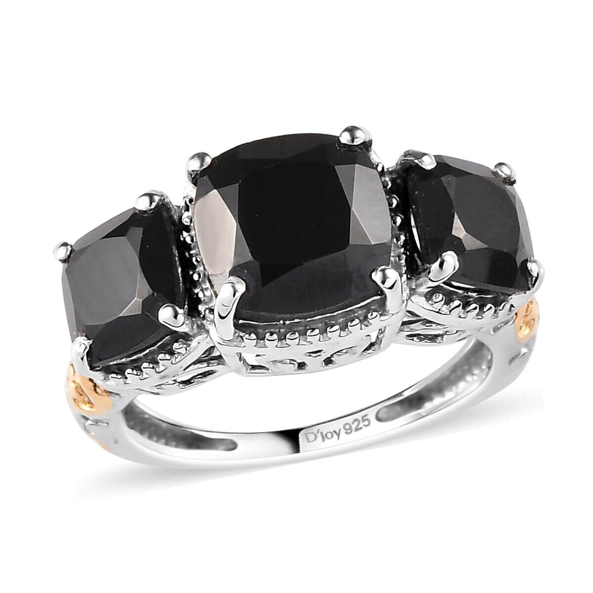 Thai Black Spinel 3 Stone Ring in 14K Yellow Gold and Platinum Over Sterling Silver (Size 9.0) 6.10 ctw image number 0