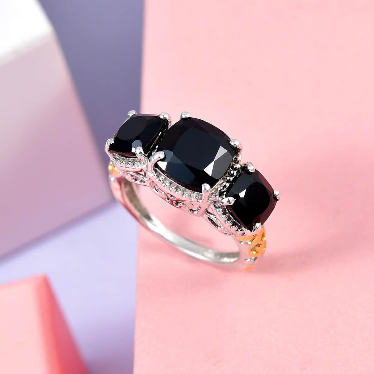 Thai Black Spinel 3 Stone Ring in 14K Yellow Gold and Platinum Over Sterling Silver (Size 9.0) 6.10 ctw image number 1