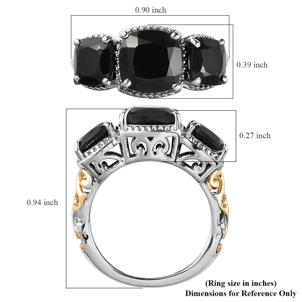 Thai Black Spinel 3 Stone Ring in 14K Yellow Gold and Platinum Over Sterling Silver (Size 9.0) 6.10 ctw image number 5