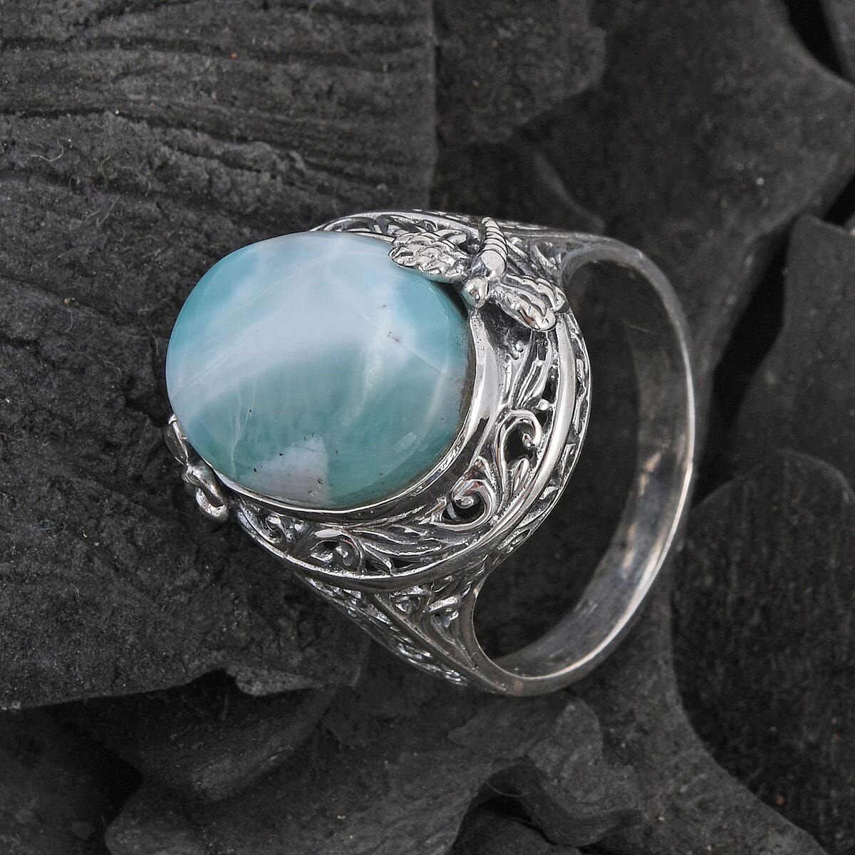 Bali Legacy Larimar Dragonfly & Floral Ring in Sterling Silver (Size 10.0) 9 Grams 12.25 ctw image number 1