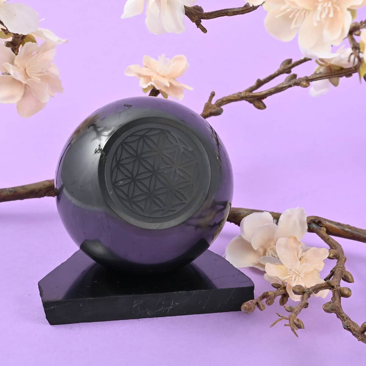 Flower of Life Engraved Shungite Sphere with Stand Approx. 4472ctw image number 1
