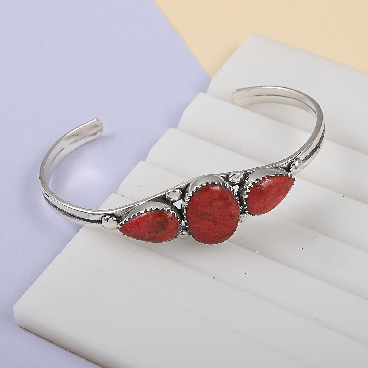 Santa Fe Style Coral Cuff Bracelet in Sterling Silver (6.00 In) image number 1