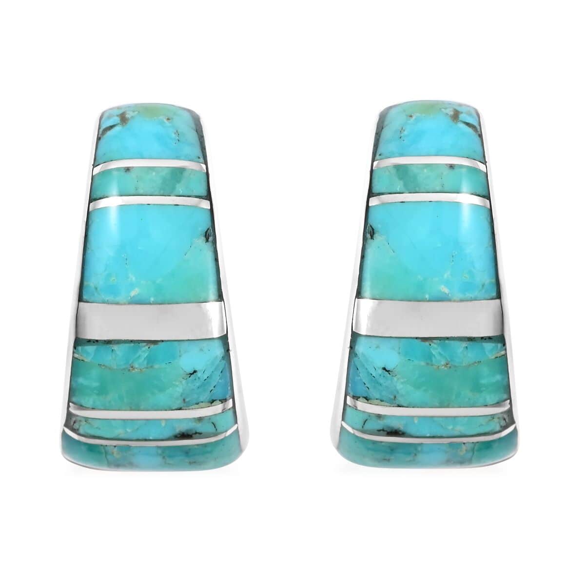 SANTA FE Style Kingman Turquoise J-Hoop Earrings in Sterling Silver 4.00 ctw image number 0