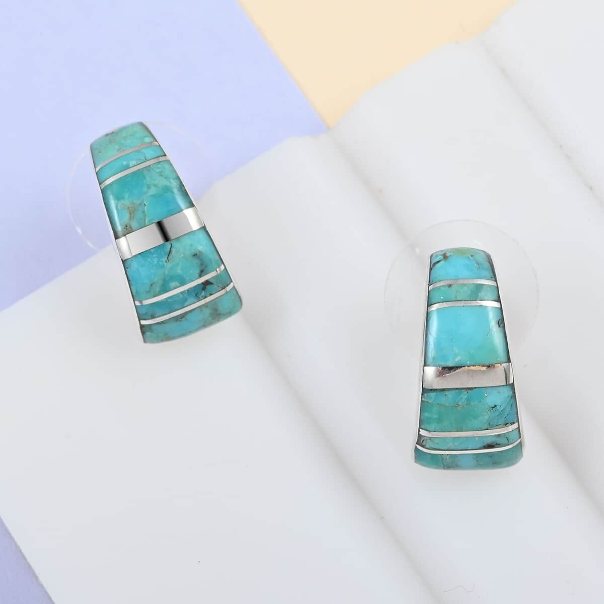 SANTA FE Style Kingman Turquoise J-Hoop Earrings in Sterling Silver 4.00 ctw image number 1