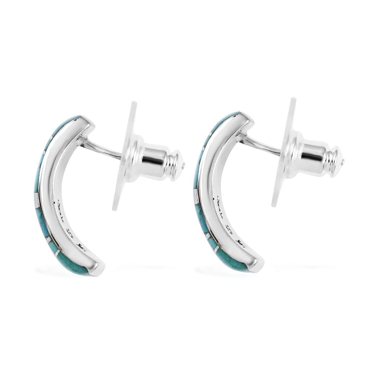 SANTA FE Style Kingman Turquoise J-Hoop Earrings in Sterling Silver 4.00 ctw image number 3