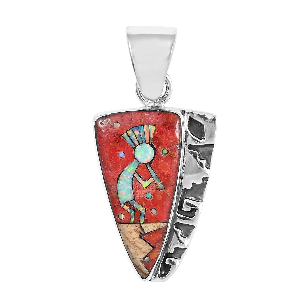 Santa Fe Style Coral and Multi Gemstone Kokopelli Pendant in Sterling Silver 0.20 ctw