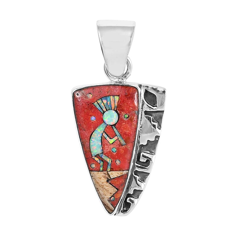 Santa Fe Style Coral and Multi Gemstone Kokopelli Pendant in Sterling Silver 0.20 ctw