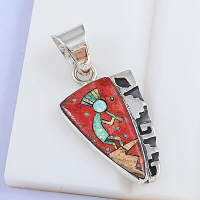 Santa Fe Style Coral and Multi Gemstone Kokopelli Pendant in Sterling Silver 0.20 ctw