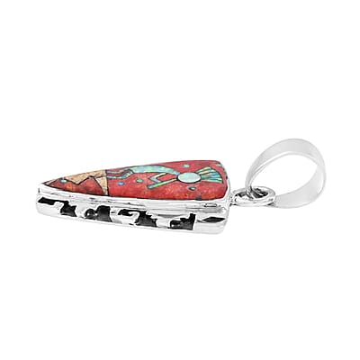 Santa Fe Style Coral and Multi Gemstone Kokopelli Pendant in Sterling Silver 0.20 ctw
