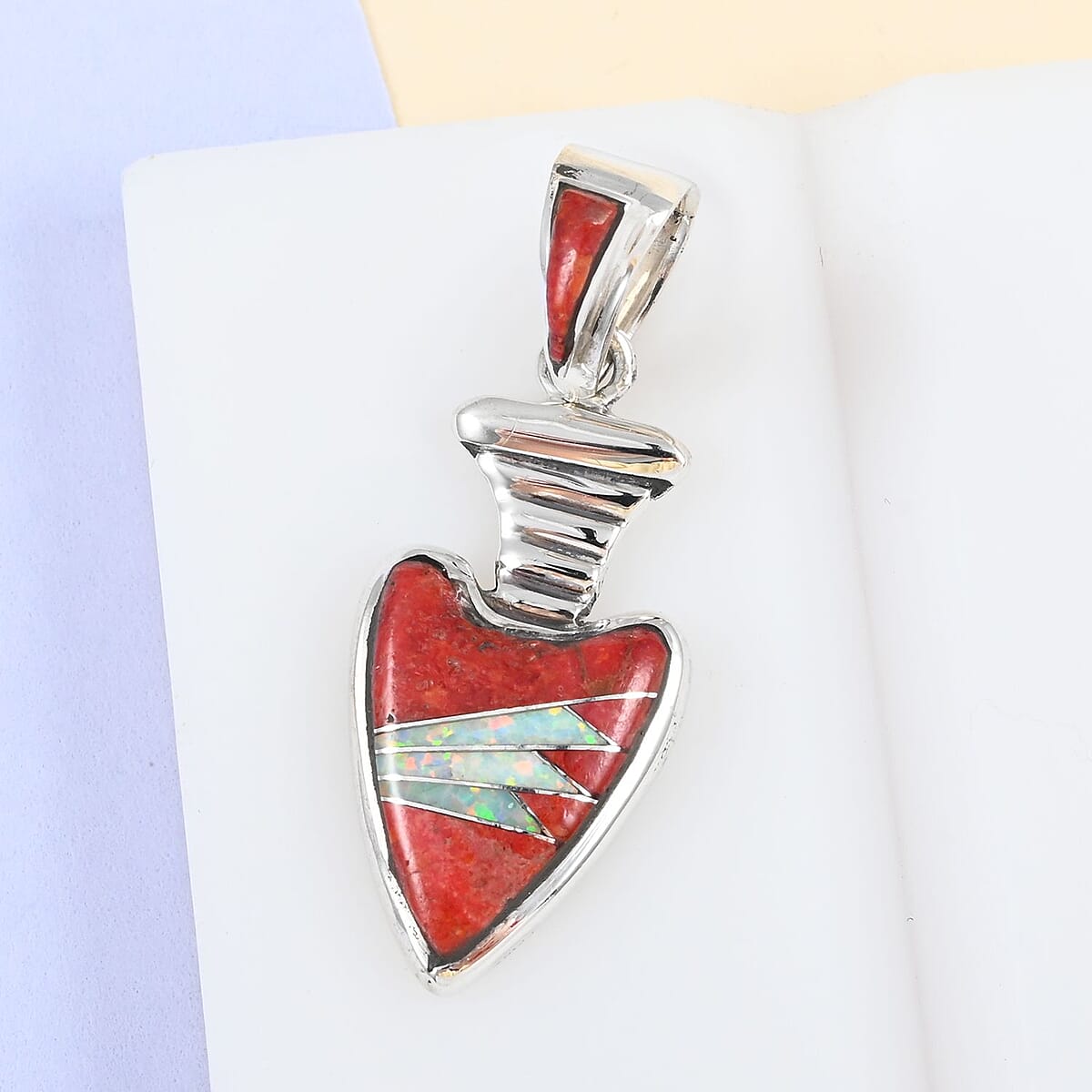 SANTA FE Style Lab Created Opal and Coral Arrowhead Pendant in Sterling Silver image number 1