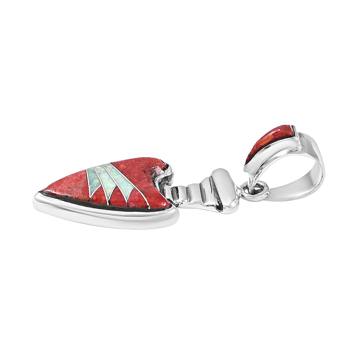 SANTA FE Style Lab Created Opal and Coral Arrowhead Pendant in Sterling Silver image number 2