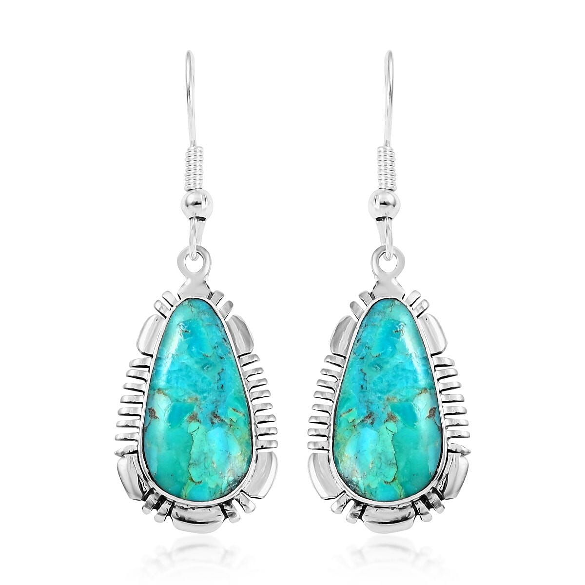 Santa Fe Style Kingman Turquoise Dangle Earrings in Sterling Silver 4.00 ctw
