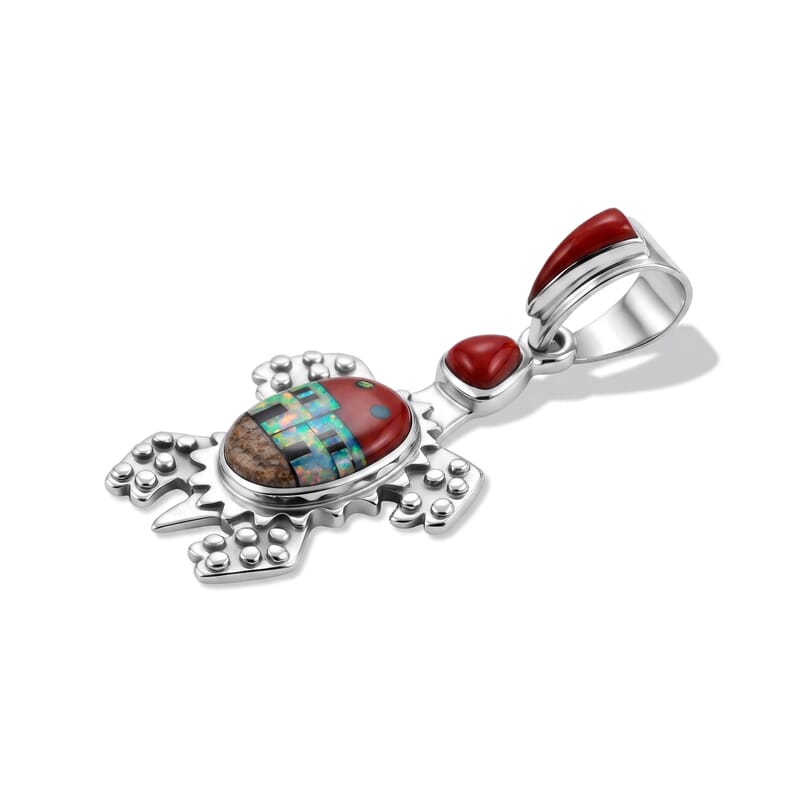 Santa Fe Style Black Onyx and Multi Gemstone 0.20 ctw Turtle Red Pueblo Pendant Without Chain in Sterling Silver