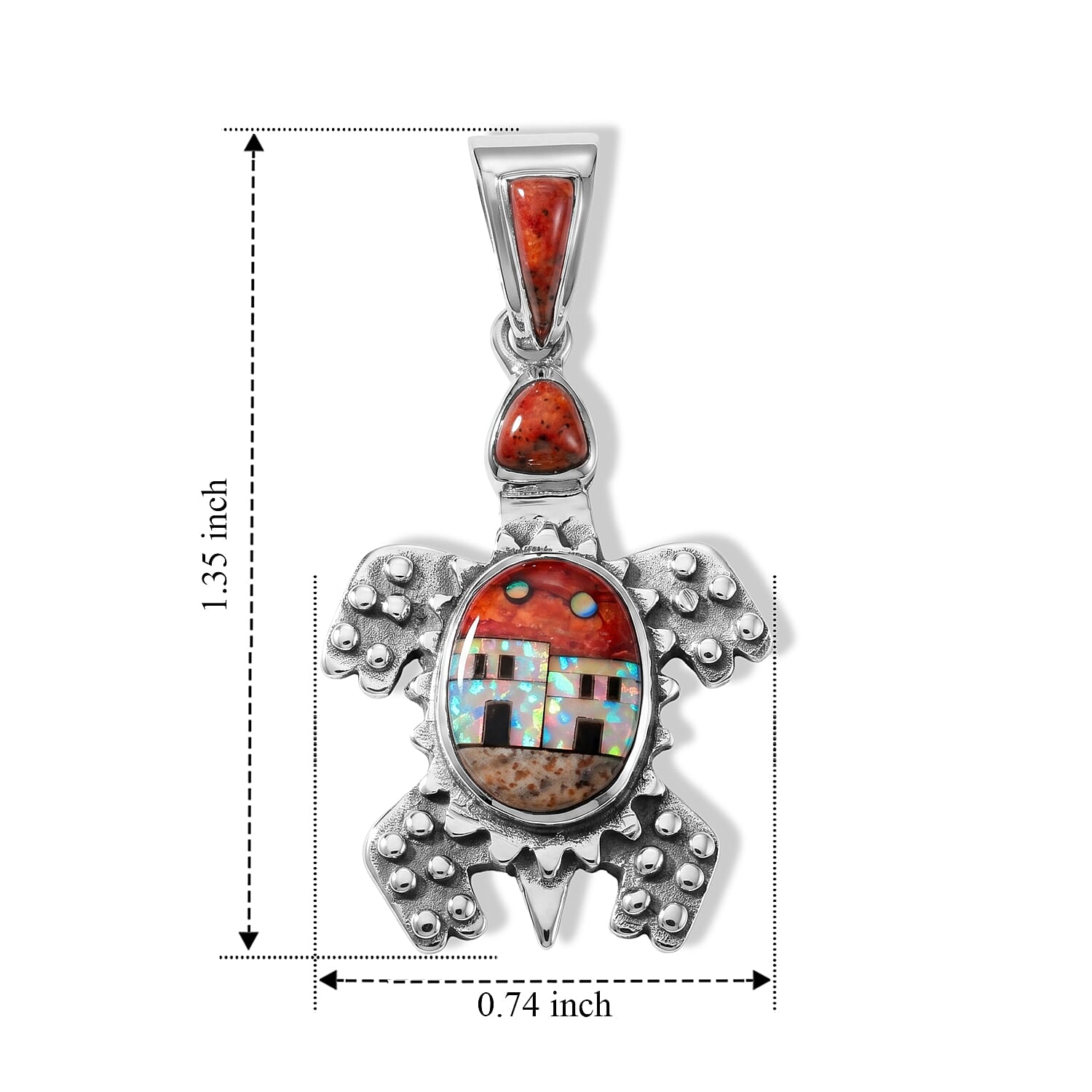 Santa Fe Style Black Onyx and Multi Gemstone 0.20 ctw Turtle Red Pueblo Pendant Without Chain in Sterling Silver