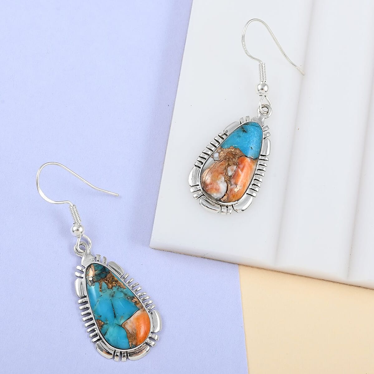 Santa Fe Style Spiny Turquoise Dangle Earrings in Sterling Silver 2.00 ctw image number 1