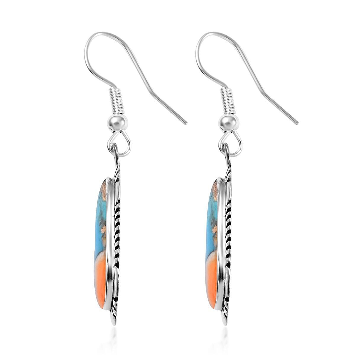 Santa Fe Style Spiny Turquoise Dangle Earrings in Sterling Silver 2.00 ctw image number 3