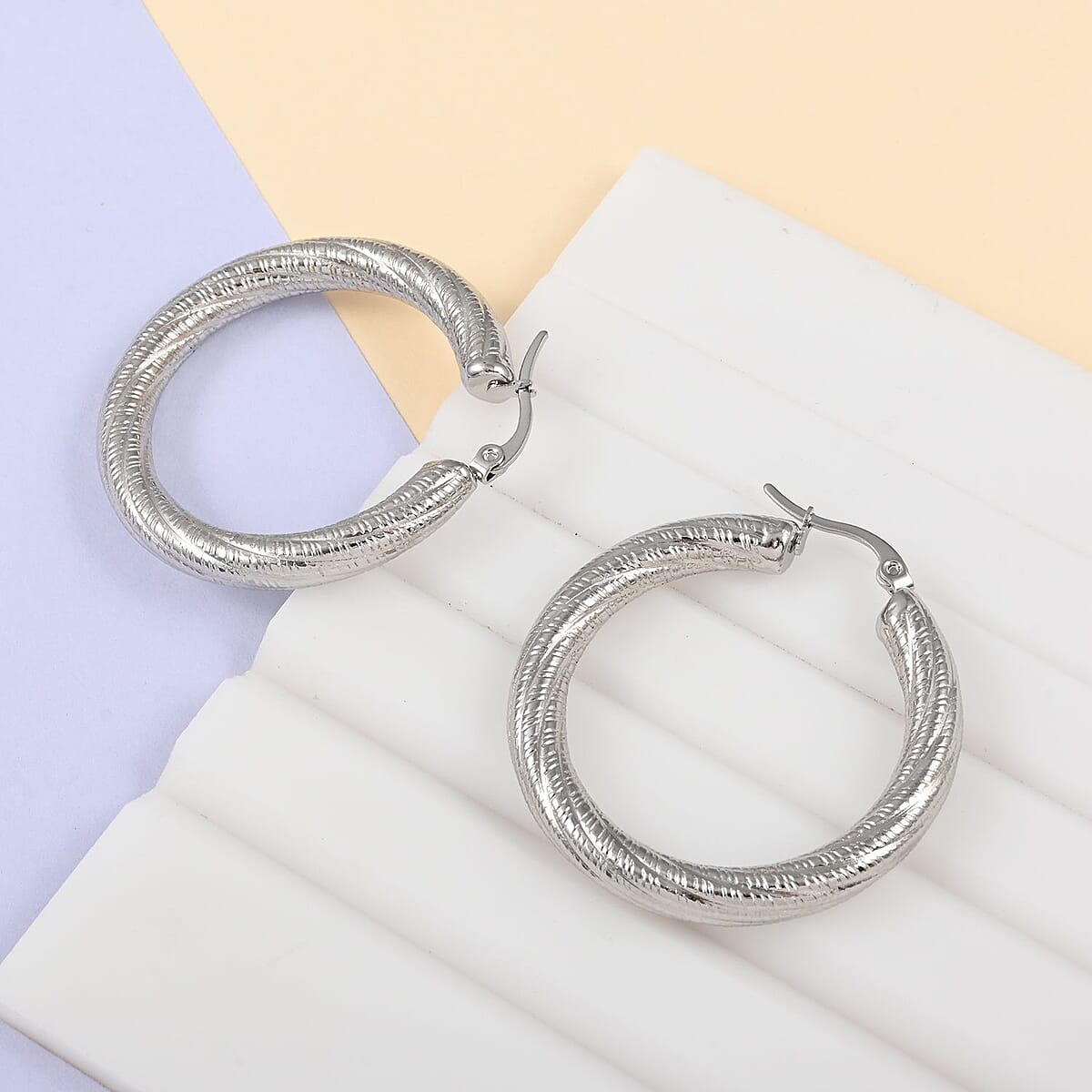 Thick Sand Blasted Textured Hoop Earrings in Stainless Steel (13.10 g) image number 1